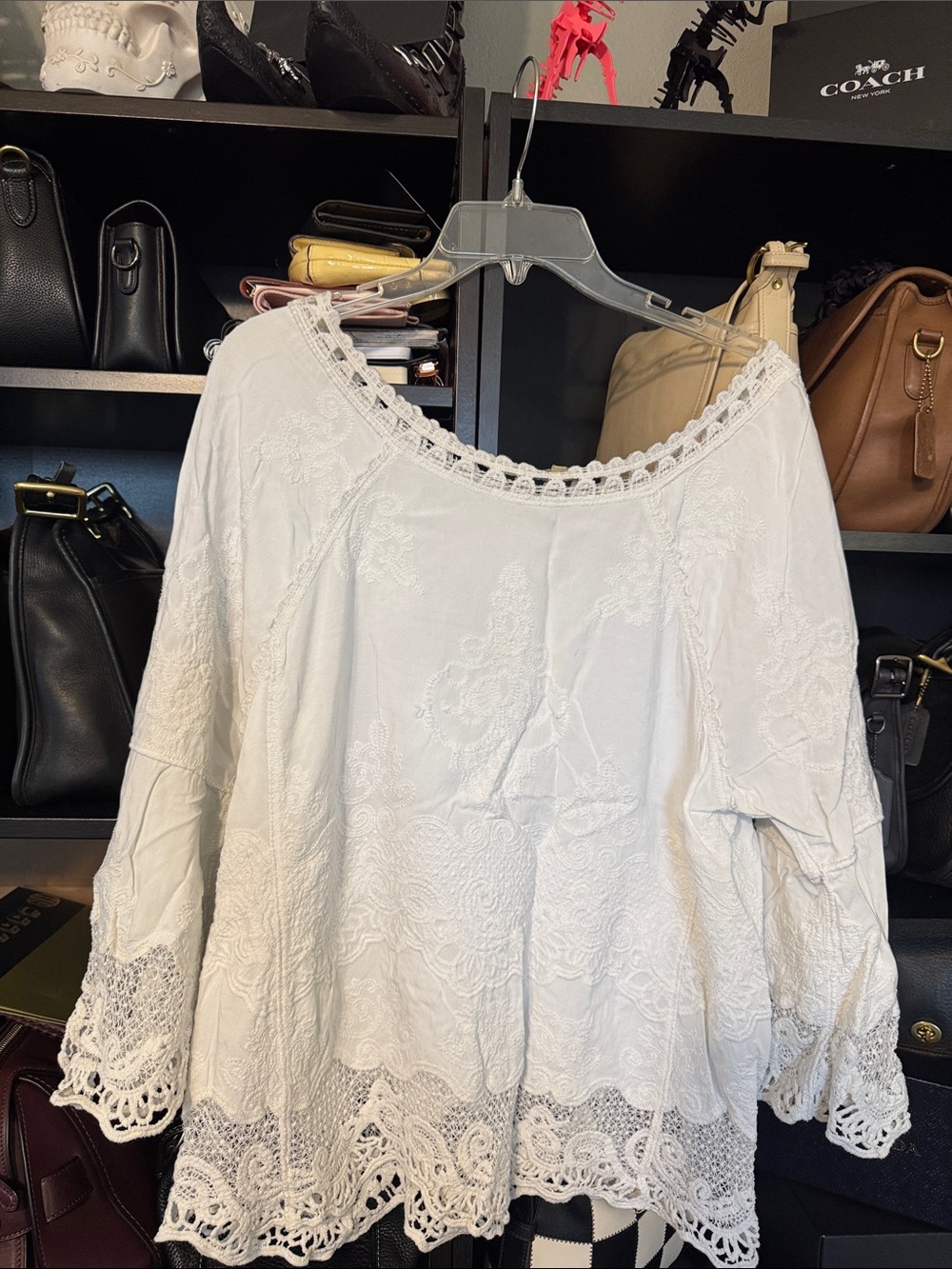 Democracy White Embroidered Crochet-Hem Peasant Blouse